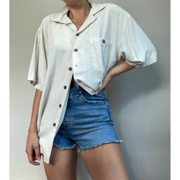 St. John's Bay Tops - 100% Silk Cream Vintage St Johns Bay Button Up Top